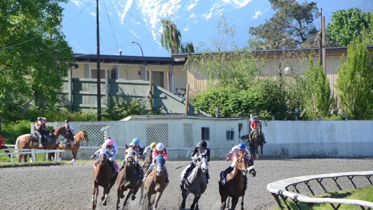 Racing at Hastings, Vancouver style, Canada. Note the snow-capped mountains in background. Photo Virginia Harvey