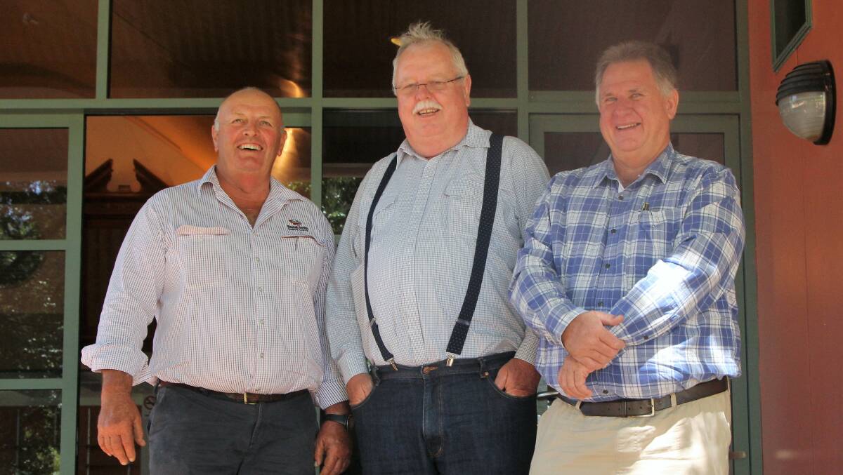 Rockhampton Regional councillor Neil Fisher, right, with Blackall-Tambo Regional Council mayor Andrew Martin and former Senator and Rural and Regional Affairs and Transport co-chair Barry O'Sullivan at a regional airfares public forum at Blackall. Picture - Sally Gall.