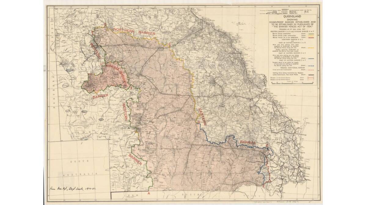 A map showing the extent of the 1954 plan to erect a dingo barrier fence.