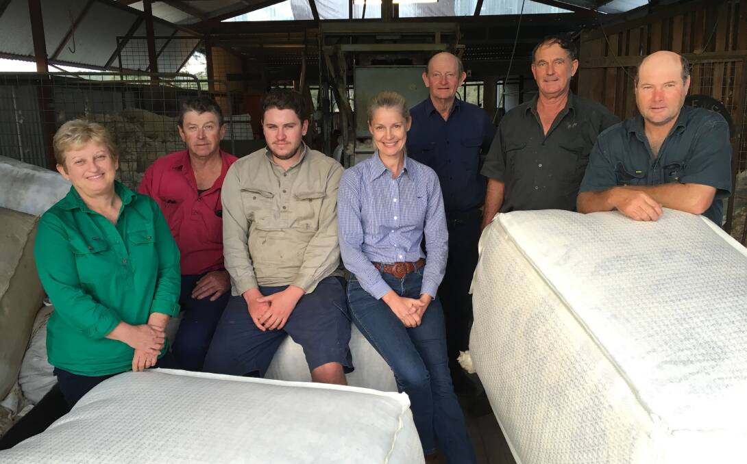 Kim, Andrew and Alastair Costello with Palatine Productions producer Sharen Kenny and the Gradenfloe shearing crew, Michael O'Leary, Malcolm Marshall and Ian Cullen.