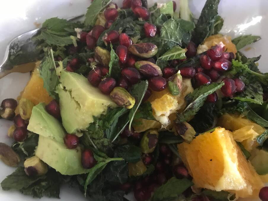 The mouth-watering leafy green salad with blood orange, avocado and pomegranate using Gwydir Grove Olive Oil that could be great this summer. Photos by Gwydir Grove.