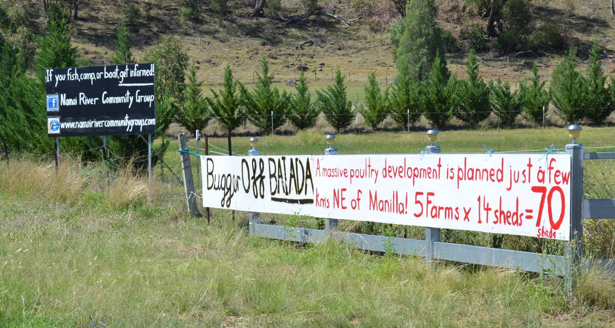 Signs made by the Namoi River Community Group early in the fight against the broiler farm development.