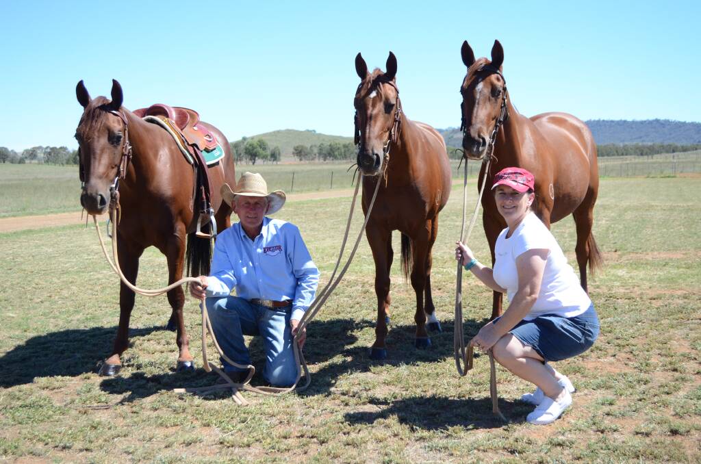 CUTTING, CAMPDRAFT PROSPECTS: John and Jackie Farley, Lonestar Cutting Horses, Manilla, with their three sale horses, Miss Mario, CDs Just Peachy and Kayderoyale Genie.