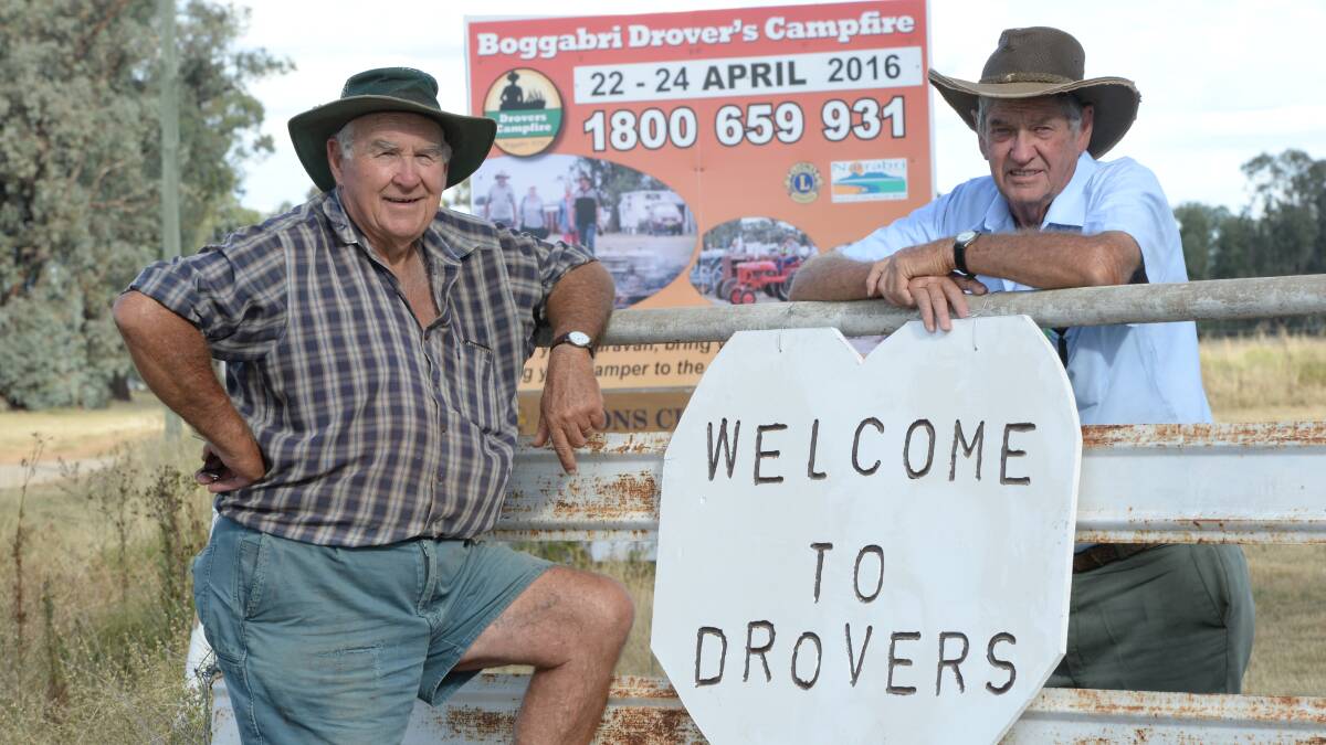 Lions Club members Geoff Eather and Ron Boxsell will welcome more than 450 caravans to Boggabri for the annual drovers campfire this week.