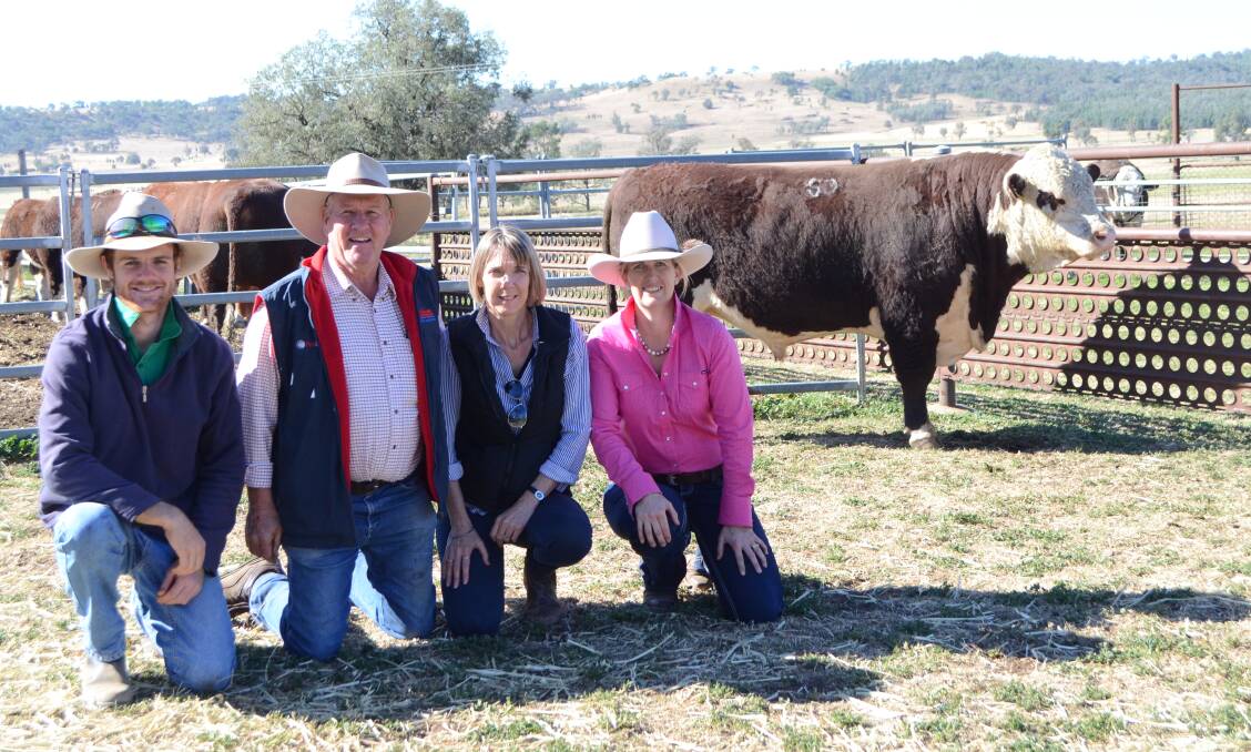 Buyers Guy, Al and Liz Uebergang, Blue Nobby Station, North Star, and stud principal,  Shelley Durkin, with the charity lot. The $9000 paid by the Uebergangs will go towards helping Delungra boy, Logan Taylor.