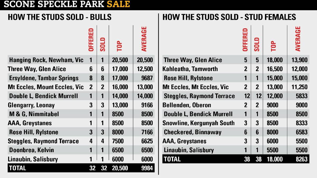 Bulls topped at $20,500 and stud females reached $18,000 twice at the Scone Speckle Park sale.