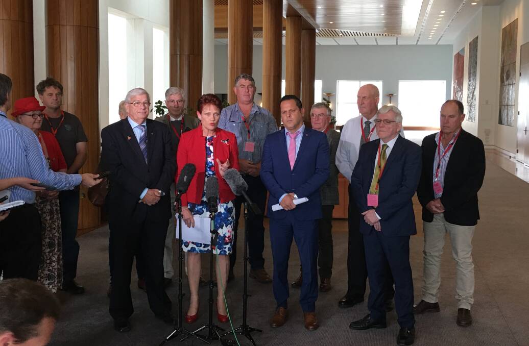 One Nation Senators facing media in Canberra with farmers and others who contributed to the rural lending Senate inquiry.
