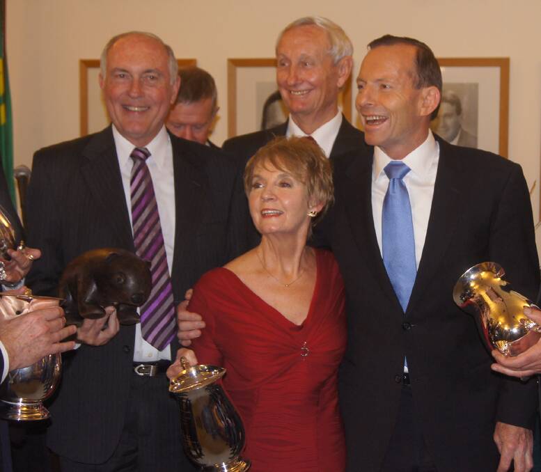 Former Nationals MP Kay Hull with former party leader Warren Truss (left), former Maranoa MP Bruce Scott and former Prime Minister Tony Abbott. 