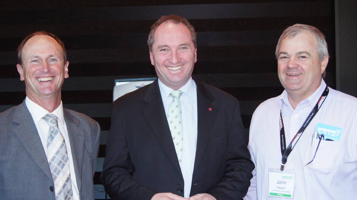 CBH directors Trevor Badger (left) and John Hassell with Nationals leader Barnaby Joyce at the Australian Grains Industry Conference in 2012. Mr Hassell is now seeking to emulate Mr Joyce and one day cross the floor to vote for the WA Nationals in Canberra standing up for his constituents. 