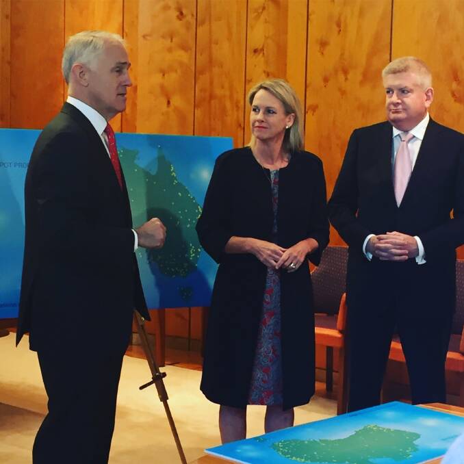 Prime Minister Malcolm Turnbull, Regional Communications Minister Fiona Nash and Communications Minister Mitch Fifield.