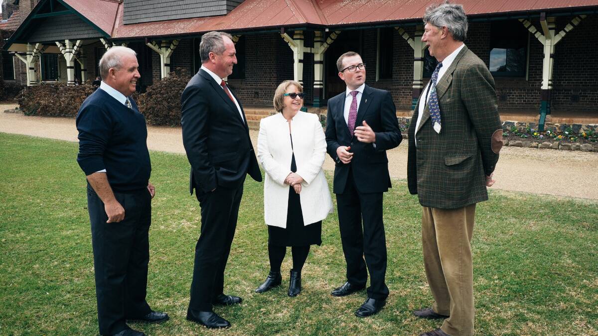 NSW Nationals Senator John Williams, Deputy Prime Minister Barnaby Joyce, Professor Annabelle Duncan from UNE, NSW State Nationals MP Adam Marshall and UNE chancellor and local grazier James Harris at today's announcement of the APVMA relocation.