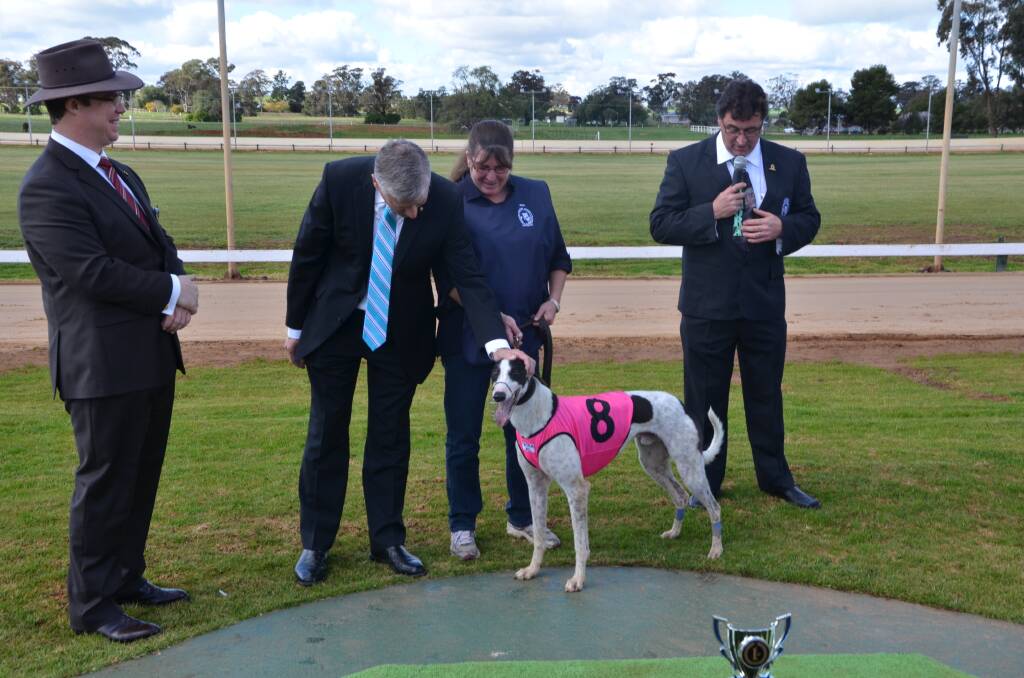 NSW Nationals MP Michael McCormack (second from left) with Rick Firman and greyhound trainers Gai and Gary Smith at the Temora Cup meeting in March 2014.