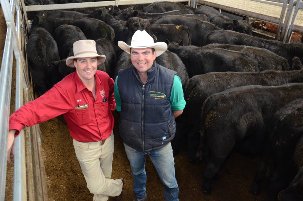 Buyer Nick Fogarty, Bowyer and Livermore, Bathurst, with selling agent Scott Johnston, PR Masters Stephenson, Bathurst, with the 40 Angus steers averaging 347 kilograms which topped the sale at $1420 from Allan Thompson, "Glatsonbury", Parkes. The steers were going to an Oberon fattener who planned to grow them out as Bullocks.