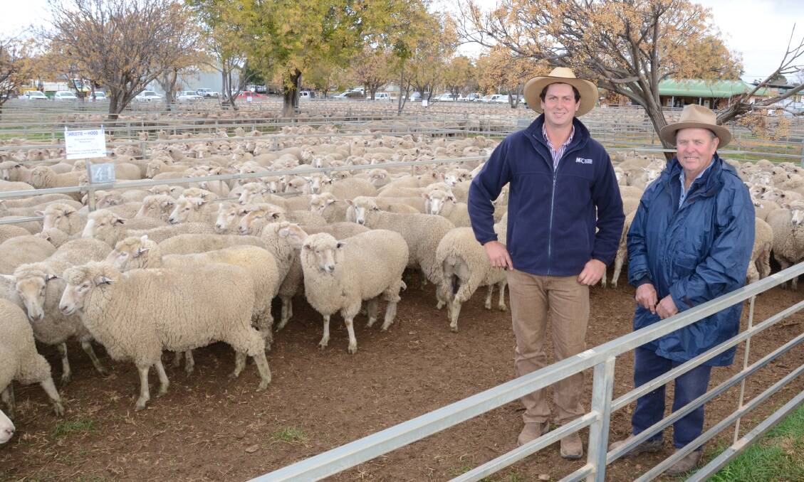 Hugh Dobell of McCarron Cullinane Chudleigh, Forbes, with Peter Taylor, “Feltonwood”, Trundle, who paid the top of $186 each for 104 first-cross ewes July/August 2016 drop, November shorn, offered by Rosewood Pastoral, Mudgee.