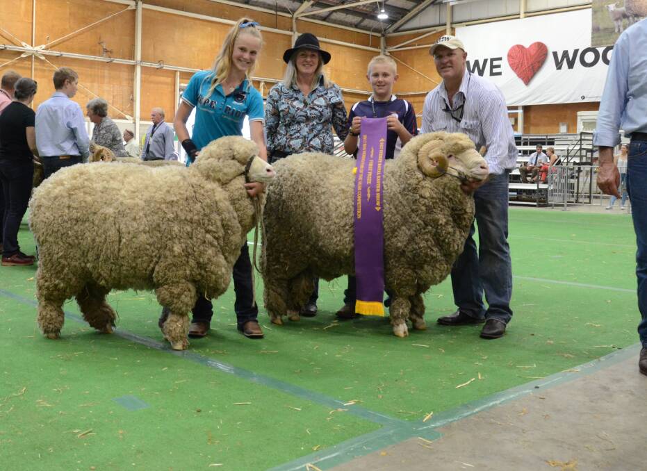 Two years in a row for the Power family of Airlie stud, Walcha, with their winning RAS Merino March shown Pair. The fine wool pair has Jorja holding the ewe with Michelle and Jack the ribbon while Murray holds the ram. Airlie also won this award last year.