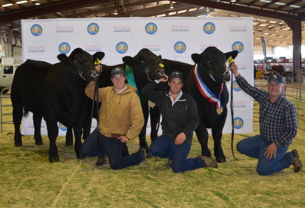 Woonallee stud sold three black bulls for a $11,667 average with two topping the sale at $12,000 each including the junior champion. The reserve junior made $11,000. Pictured are Angus Llewelyn, Mark Lamborn and David Bolton.