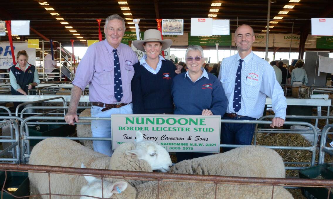 In a private sale by the Cameron family, Narromine, Rowena Sweeney, Merrygoen, purchased the entire Nundoone Border Leicester stud flock and prefix. Pictured is Ian Cameron, Rowena Sweeney, Kerry Cameron and son, Andrew.