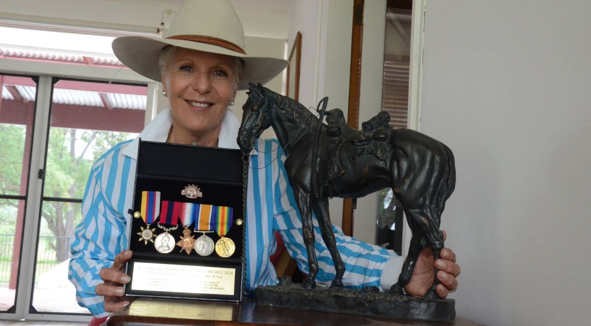 Lyn Richardson displays her grandfather's war medals including the DCM and an Australian Waler statue of the First World War era.
