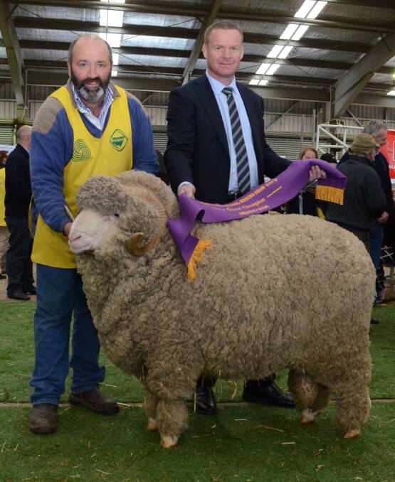 Peter Lette holds his superfine Merino rams which was awarded grand champion Merino ram and NSW supreme at the Rabobank Merino National Dubbo show and sale yesterday. The ram is sashed by Rabobank National Manager - Country Banking, Sydney.