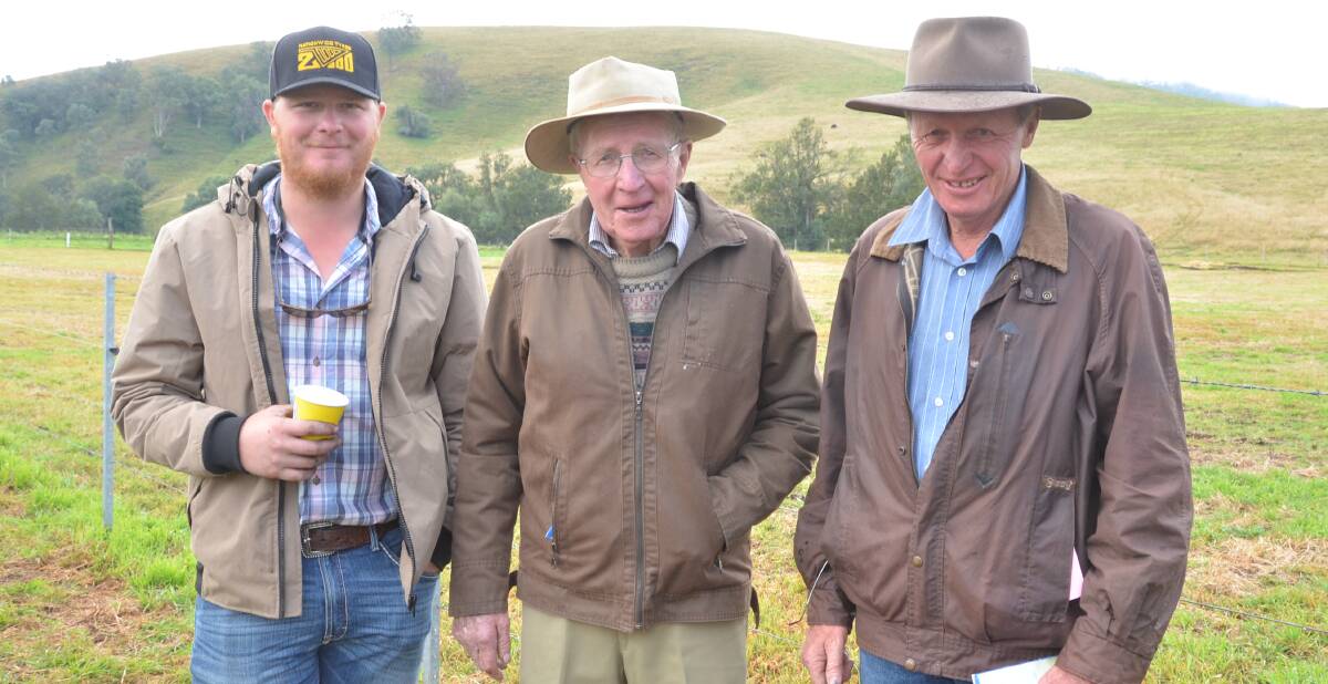 Checking out the sale bulls at Pentire stud, Singleton, are three generations of the Bennett family, Alexander, Jerry's Plains, Troy, Ken and Terry Bennett.
