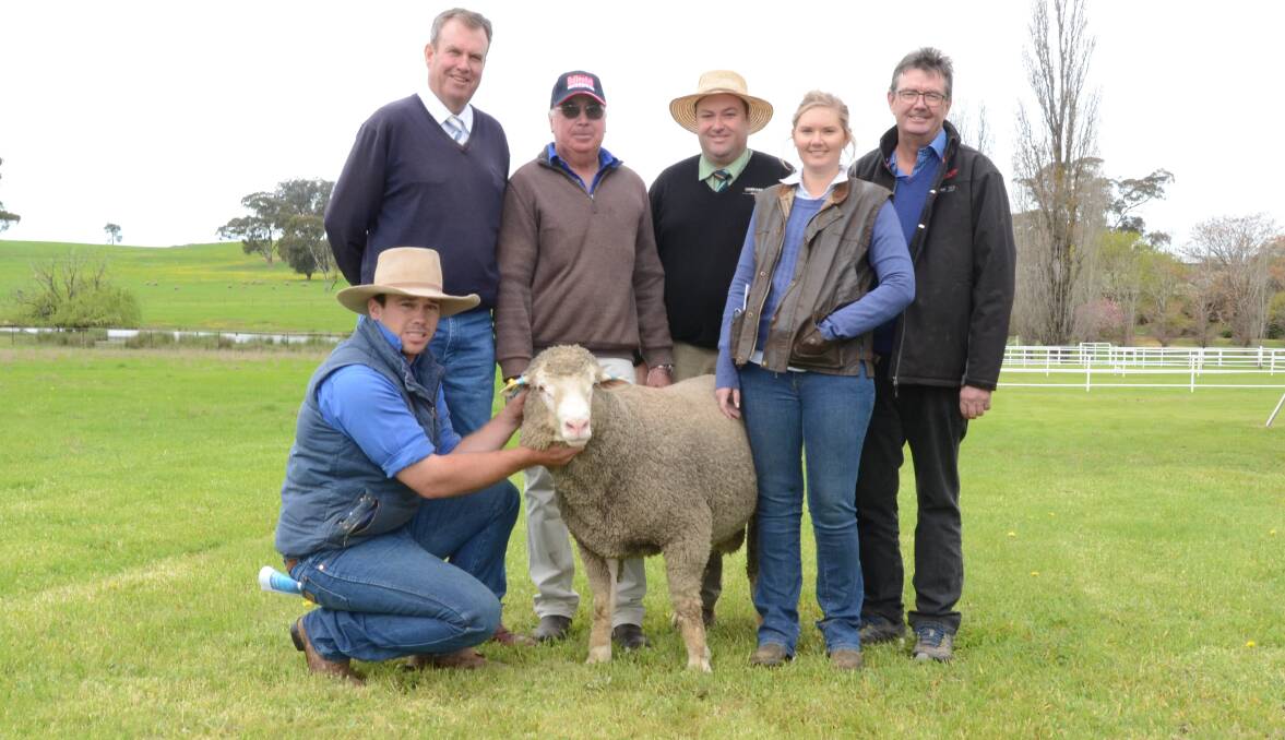 Andrew Hughes holds $4000 top Dohne ram with Paul Dooley, Auctioneer, Tamworth; Peter Hughes, Gullendah stud; Brad Wilson, Landmark Stud Stock, Duibbo; with buyers Jacqueline and Dan Carey, Dimension stud, Frogmore.