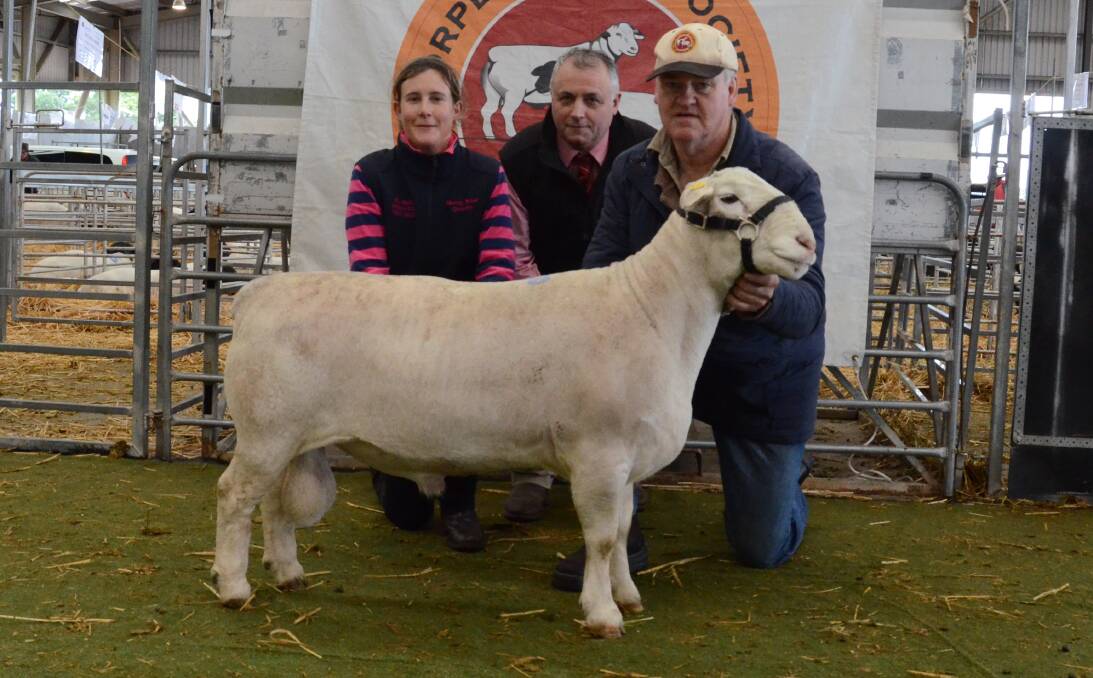 Andrea van Niekerk, Dell stud, with her $15,000 top-priced White Dorper ram purchased in partnership with Wirlinga Park stud, Albury, from Adrian Veitch, Kaya stud, Narrogin, WA, who holds the ram; and Scott Thrift, Elders, Dubbo.