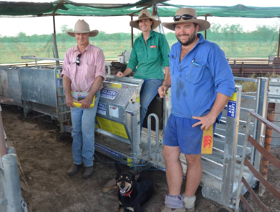 Geoff and Dimity Hunter, with Tom Ferguson and Rajah the dog hosted a sheep field day at "Welbondongah", Garah. There were talks on EID technology in commercial flocks and a demonstration of their new Peak Hill sheep handler. 