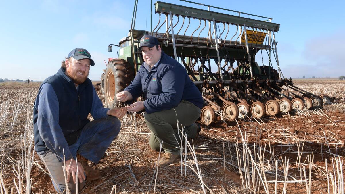 Phil Dowling, "Dunrobin" Dubbo, and Agnvet Dubbo branch manager Nathan Irwin. Mr Dowling was planting winter crops earlier this week.