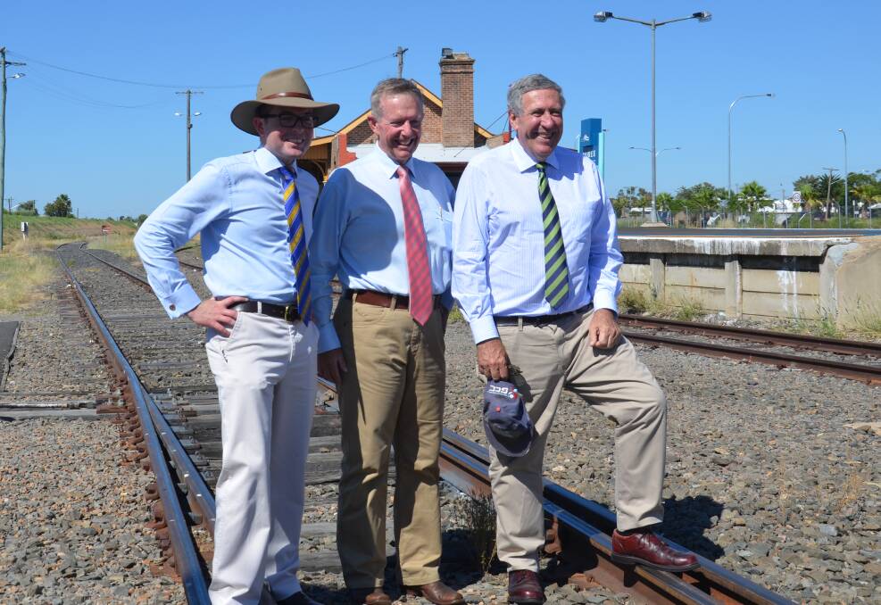 NSW member for the Northern Tablelands,  Adam Marshall, federal member for Parkes, Mark Coulton and Minister for Roads and Freight, Duncan Gay at the Moree Railway. 