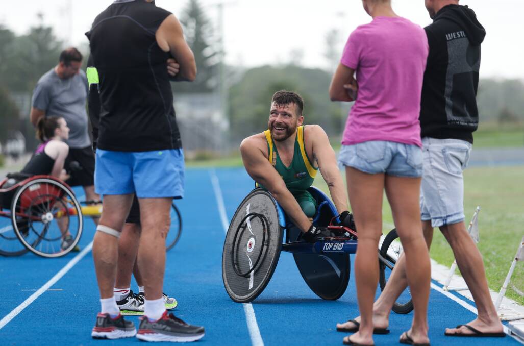 MAIN MAN: Kurt Fearnley after training on Good Friday at Newcastle's "blue track". Picture: Jonathan Carroll
