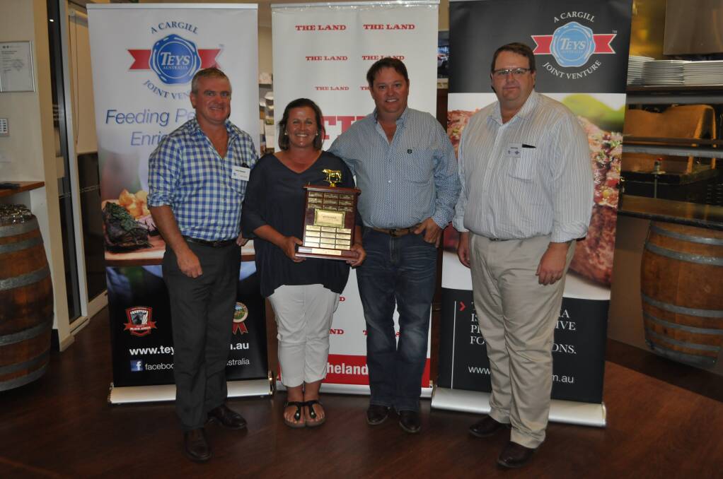 James and Sally Morse, "Wongalee", Molong, accepting their Overall Grand Champion award from Craig Chapman, Fairfax Media (left) and Grant Garey (right), Teys, at the Beef Spectacular 2018 awards dinner in Wagga Wagga. 