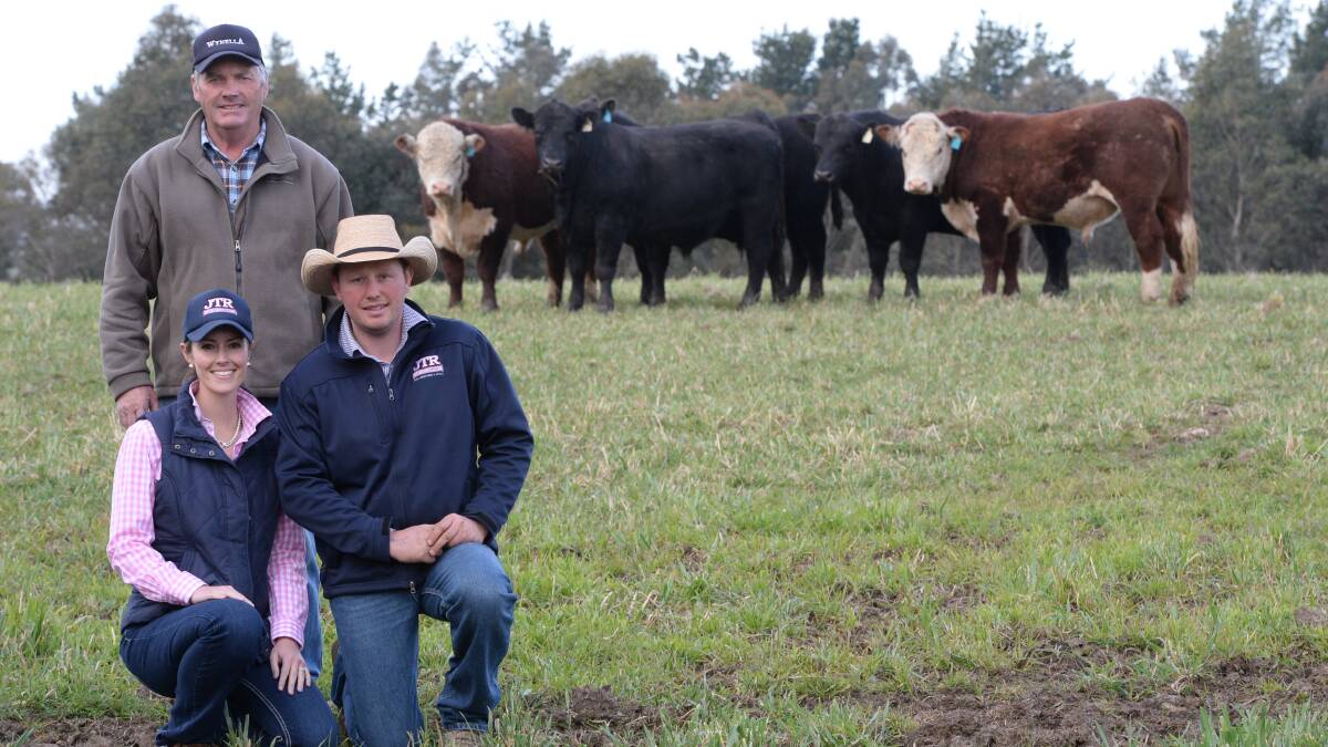 JTR Cattle Company owners Jemma and Tim Reid, Jenross Park, Roslyn with father-in-law Ross Robertson, owner of the Wynella Poll Hereford Stud, pictured with a selection of the bulls they sold at the 2016 Goulburn All Breeds sale. 
