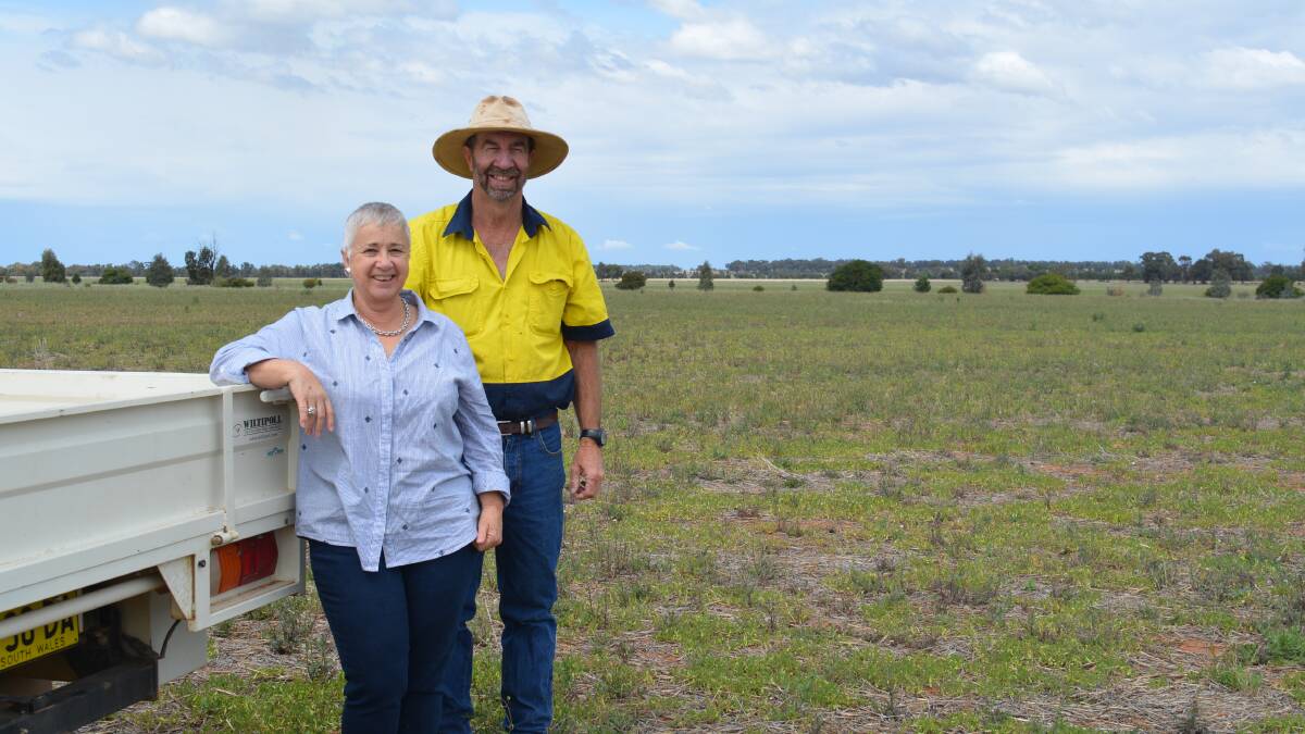 Velia and Mike O'Hare in a paddock of biserrula which had been feeling the pinch after a dry winter and spring. Mr O'Hare says the pasture legume recovers quickly after rain. 