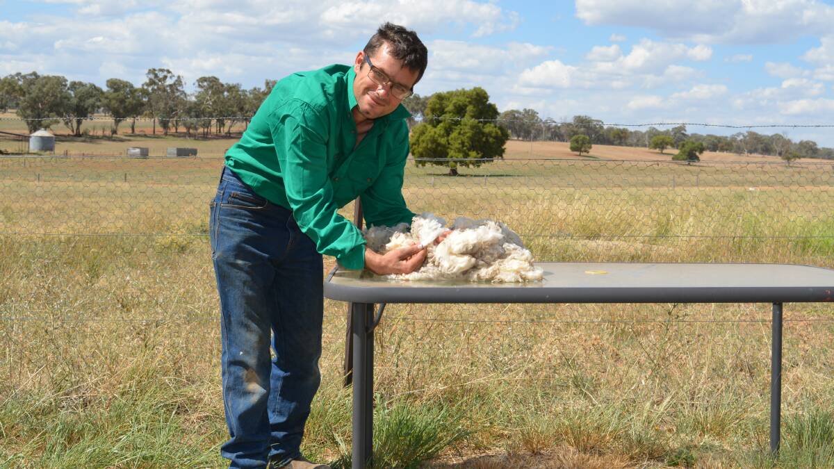 Floyd Legge back on the farm at Cudal with a sample of some of his family's Merino wool. 
