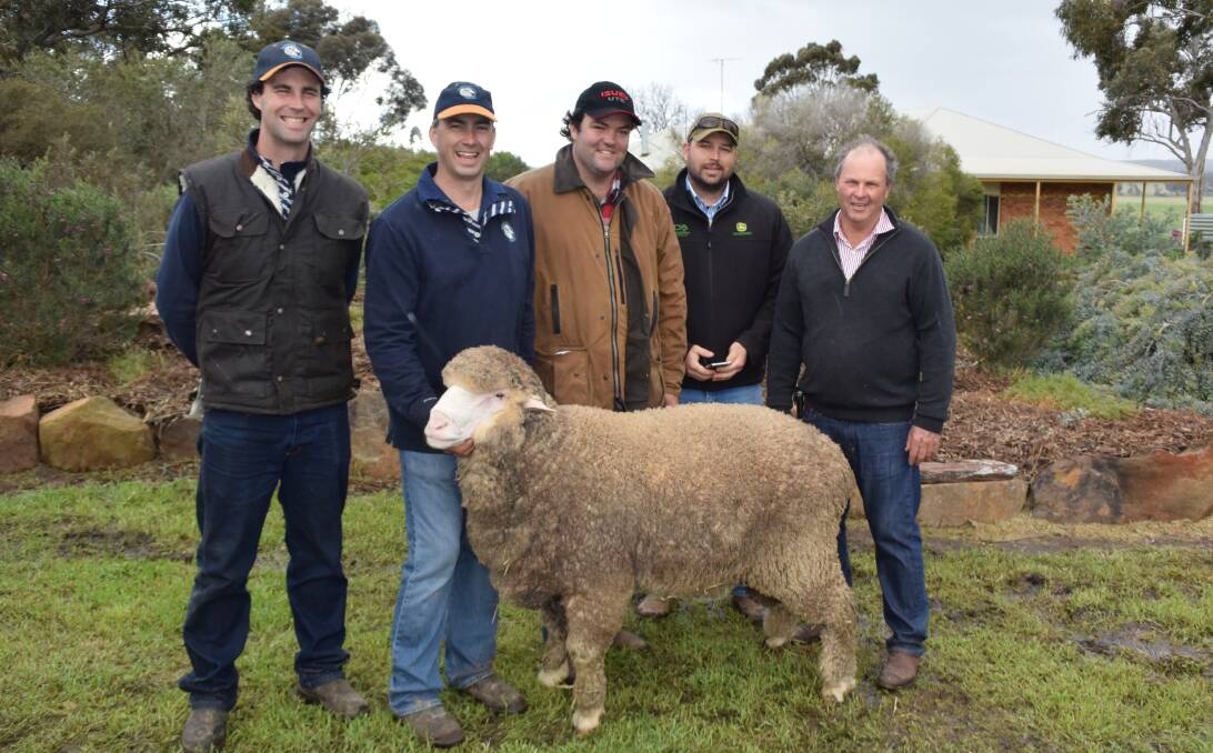 Banavie stud manager Brent Flood, principal Tim Polkinghorne, Keith and Lachlan Maher, Narromine, NSW and Roger Polkinghorne with the top price Banavie ram, which the Maher family bought for $21,000.