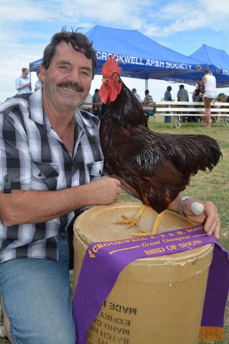 Kim George, Crookwell, with his supreme bird of the show, a Red Bantam male. 
