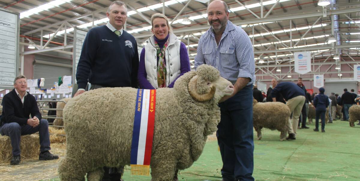 Judge Phil Carlon, Queenlee stud, and Georgina Wallace, AASMB president, awarded Merino grand champion ram  to Peter Lette, Conrayn stud, Berridale.