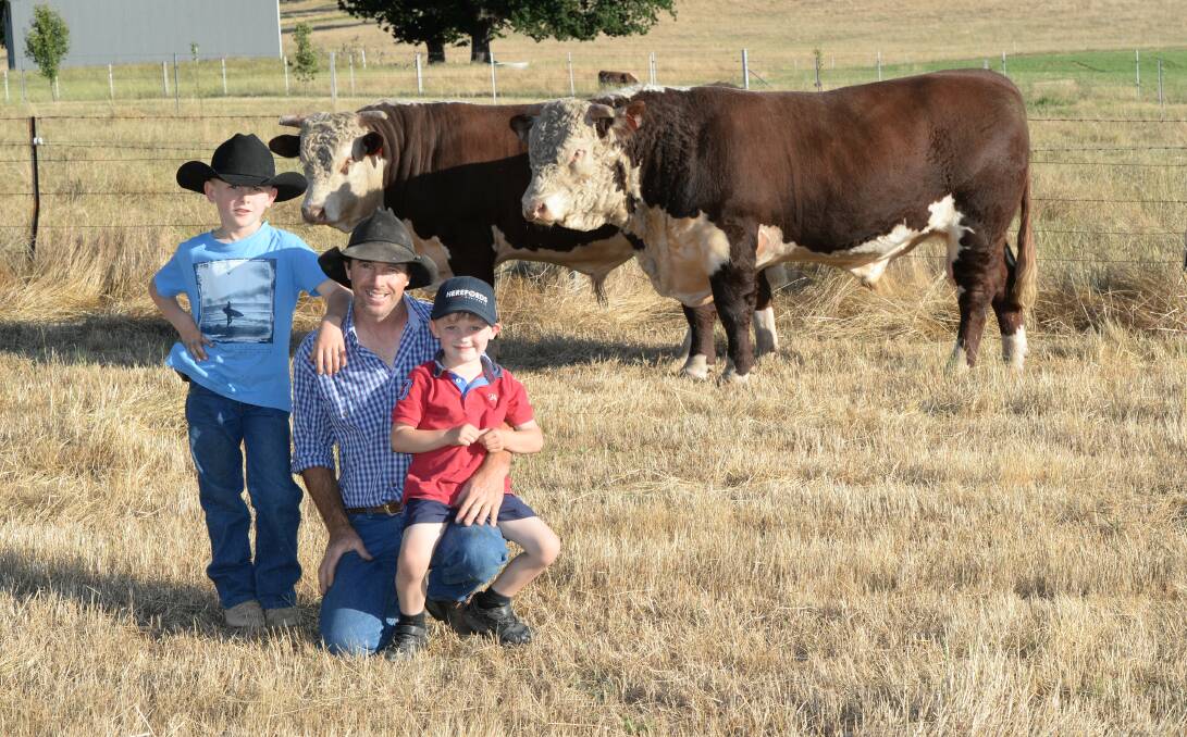 Andrew Klippel, Sugarloaf Creek Herefords, Corryong, Victoria,  with his children Layne, 9 and Mackinley, 4. 