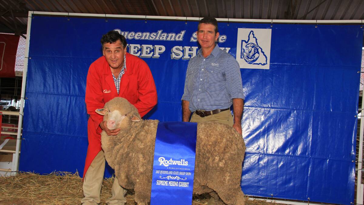 Chris Clonan, Alfoxton, Armidale, and Rodwells state wool manager, Bruce Lines, with the supreme Merino exhibit of the show.