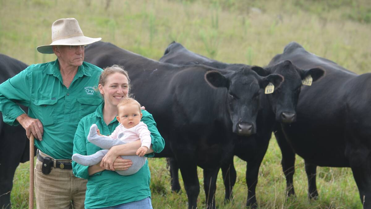 Lock Rogers, Wattletop Angus stud, with his daughter Jess and granddaughter Sadie. Mr Rogers said Jess has been a "tower of strength" to him. 
