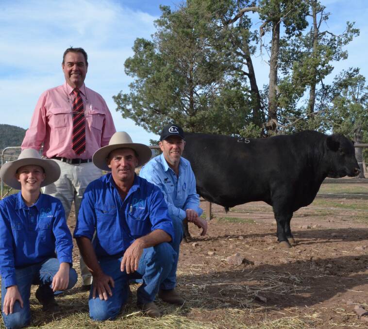 Hayden and Tim Vincent, Booragul Angus; Ben Glatz, Avenue Range, SA; Brian Kennedy, Elders Stud Stock, Armidale with one of the $18,000 sale toppers. 