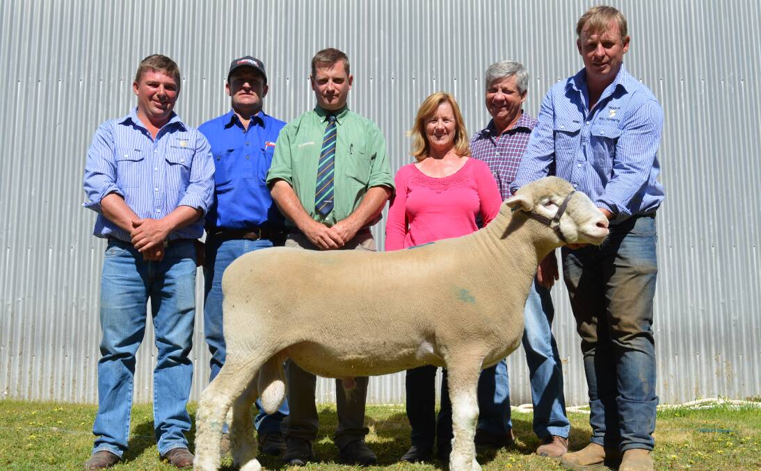 James Frost, Hillden stud Bannister; Jock Duncombe, Duncombe and Co., Crookwell; Rick Power, Landmark stud stock, Boorowa; top-price purchasers Megan and Danny Picker, Crown Hill stud, Bigga, and Anthony Frost, Hillden. 