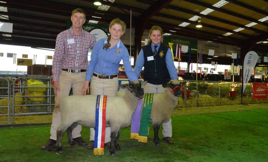 Champion and reserve champ South Suffolk ewes. Pictured is judge Brendan Mansbridge, Brooklyn Poll Dorsets, Eugowra, with Holly Jones and Clancy Barry of St Pauls College, Walla Walla. 