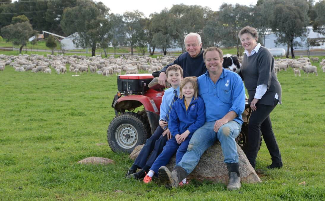 Three generations of the Nuthall's from Dutton Park - Greg and Barb, Bozo the sheepdog, their son Jeffery and his children, Harry and Poppy, with mixed-age ewes and lambs at foot grazing lucerne, clover and fescue pastures. 
