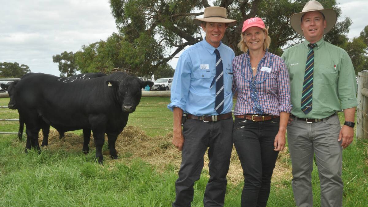 Nick and Sara Moyle, Pathfinder stud, Penshurst, Vic, with Landmark stud stock manager Gordon Wood and the $32,000 top price bull from their SA sale.