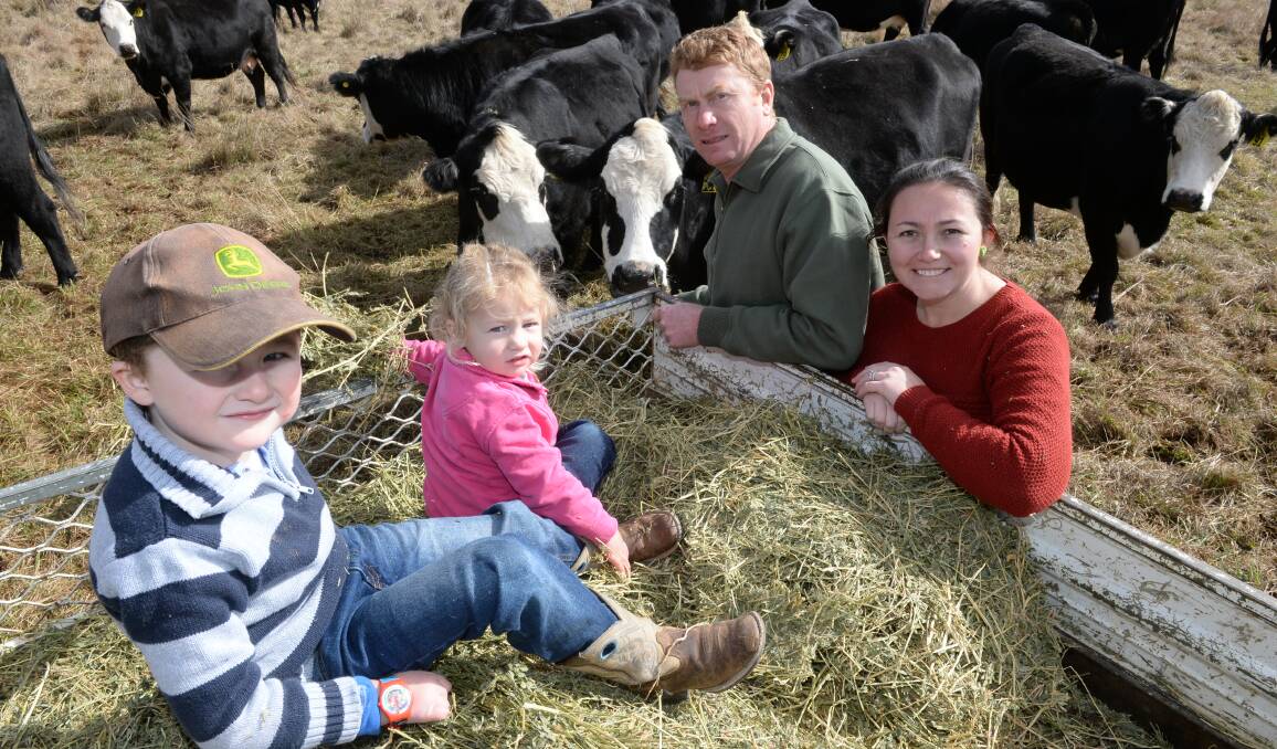 Doug and Nadine Powell with their children Nate and Indie feeding black baldy cows at Woolbrook. They chase a branded grassfed market to maximise return.