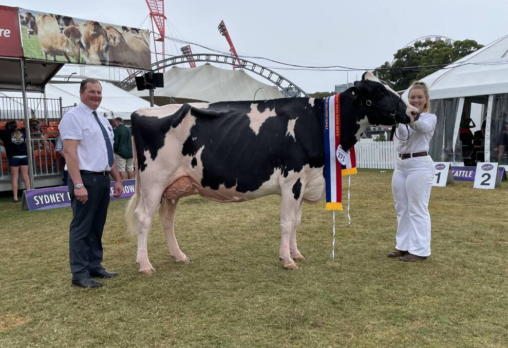 Senior champion Holstein cow at the Sydney Royal Dairy Cattle Show, Byrne Lea Octane Buttersnap, with judge Kevin McGriskin and exhibitor Kaitlyn Wishart.