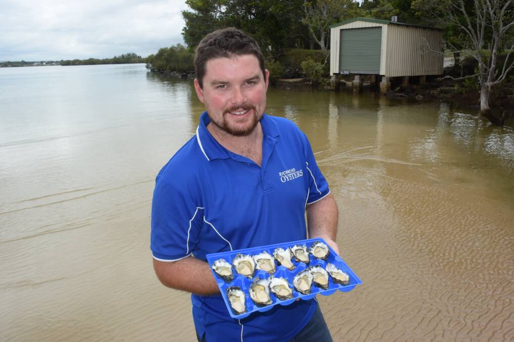 Matt Cardow, Richmond Oysters at Ballina, with Sydney Rock Oysters bred at Port Stephens. The Cardows are part of a trial to introduce a resilient family of oyster to the Richmond River.