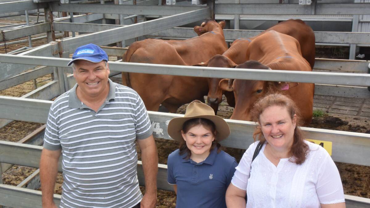 Charles, Melinda and Corinne Mifsud, Southgate, with Senepol steers 513kg, which sold for 256c/kg or $1315. The family originally purchased the Nymboida-born steers at the Grafton saleyards 16 months ago when they weighed 280kg.
