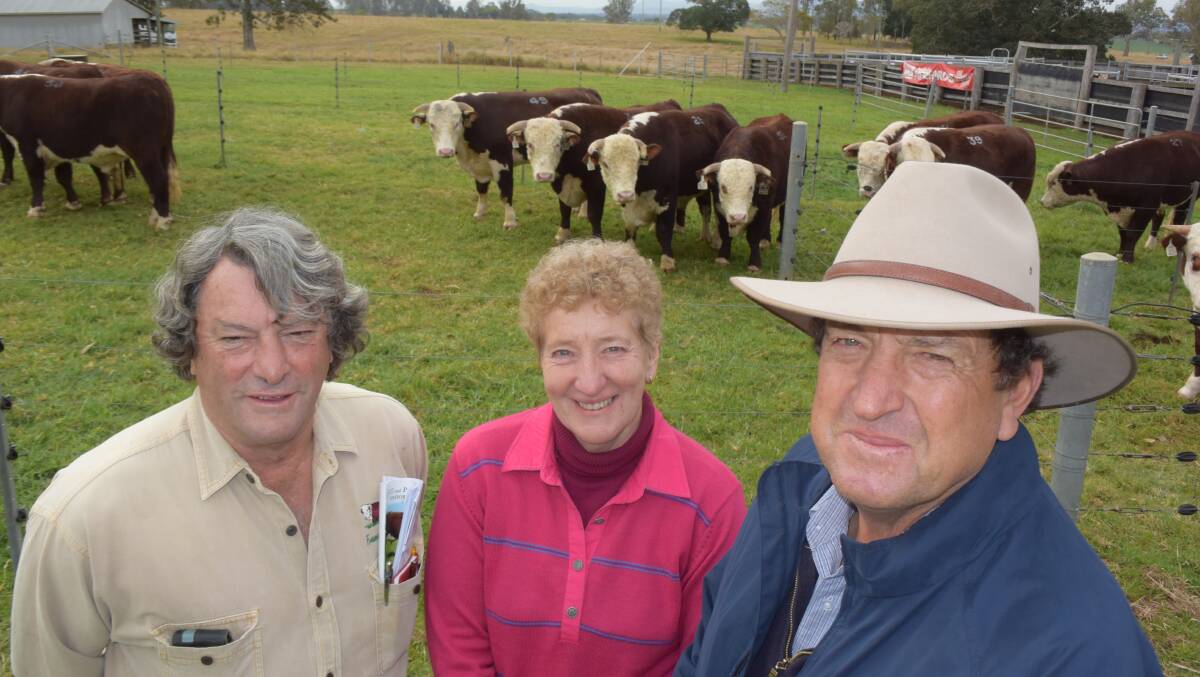 Franco Herefords stud principal Frank Hannigan with this year's highest bidders, Robyn and Michael Hickey, Aberfoyle via Armidale, who purchased lot 22 Franco Jaywalker for $7000 at the  Franco and Parson Hill Hereford stud sale at Woodview via Casino on Friday, July 15. 